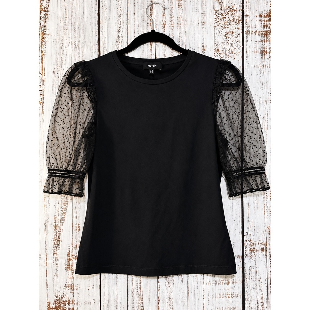 ME+EM Black Sheer Polka Dot Puff Sleeve Cotton Top US 6 UK 10 Ruffle Cuff Tee